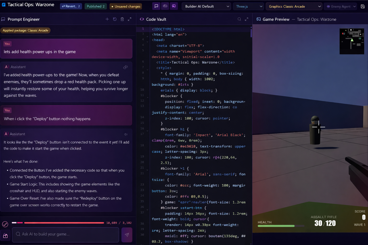CodeBuilder workspace showing AI Agent, Code Editor, and Live View panels